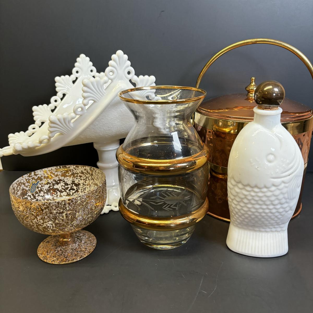 LOT 182 Handcrafted Copper Ice Bucket w/Pyrex Liner, Westmoreland Milk