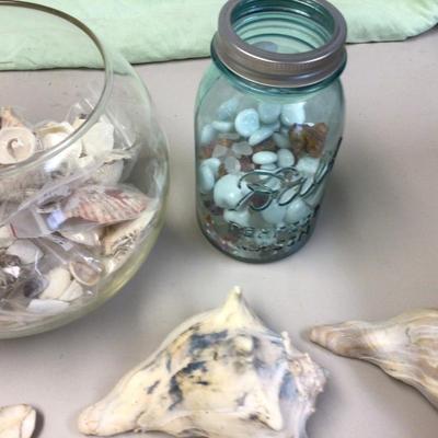 Sea Shell Lot With Fish Bowl and Canning Jar of Stones