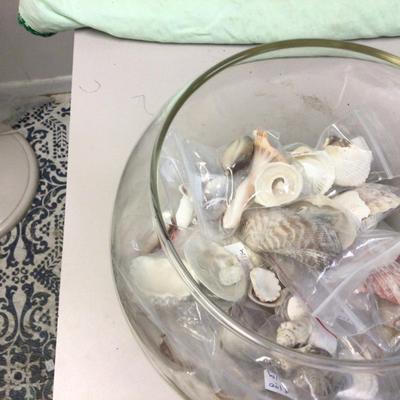 Sea Shell Lot With Fish Bowl and Canning Jar of Stones