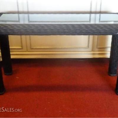 LOT 143A: MID CENTURY RATTAN CONSOLE TABLE, BLACK PAINTED FINISH