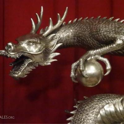 LOT 120B: HUGE SILVER PATINATED BRONZE CHINESE DRAGON SCULPTURE /FOUNTAIN