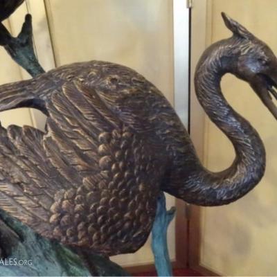 LOT 94: HUGE BRONZE SCULPTURE, 2 CRANES, CAN BE USED AS FOUNTAIN