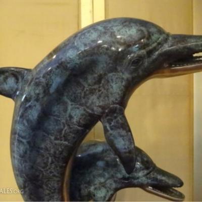 LOT 95A: HUGE PATINATED BRONZE DOLPHIN SCULPTURE, 2 DOLPHINS, ALSO A FOUNTAIN