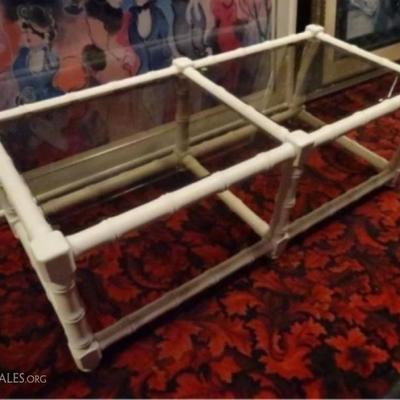 LOT 22A: MID CENTURY FAUX BAMBOO COFFEE TABLE, SMOKE GLASS TOPS