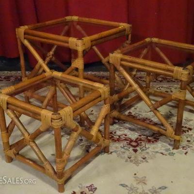 LOT 21A: 3 PC MID CENTURY STACKING TABLES, WOOD AND RATTAN