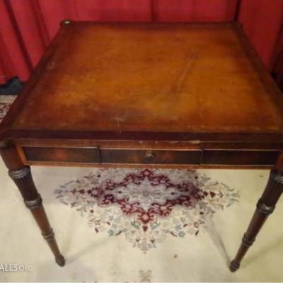 LOT 111: ANTIQUE LOUIS XVI STYLE GAME TABLE WITH LEATHER TOP