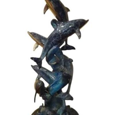 LOT 99: LARGE PATINATED BRONZE DOLPHIN POD SCULPTURE, MARBLE BASE