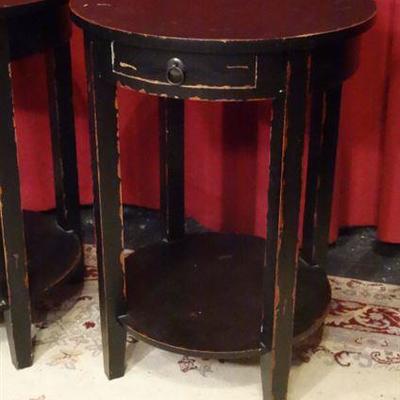 LOT 134: PAIR ROUND TABLES, DISTRESSED BLACK FINISH
