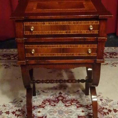 LOT 134A: INLAID MARQUETRY TABLE, 2 DRAWERS, BRASS PULLS