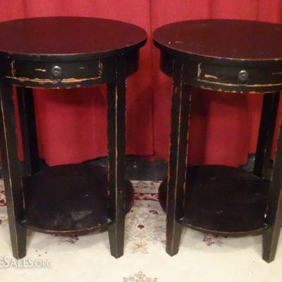 LOT 134: PAIR ROUND TABLES, DISTRESSED BLACK FINISH