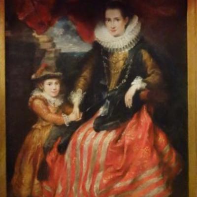 LOT 53: OIL ON BOARD PAINTING, ENGLISH NOBLE WOMAN AND CHILD