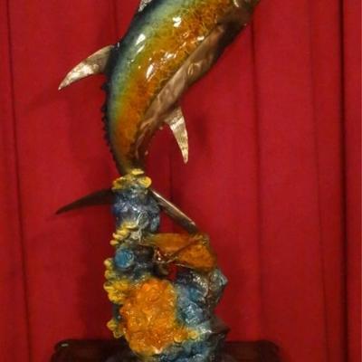 LOT 102: HUGE PATINATED BRONZE TUNA SCULPTURE ON MARBLE BASE