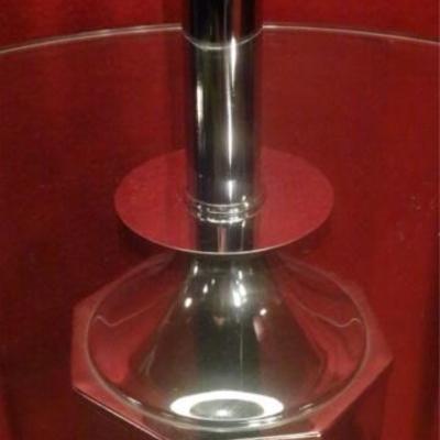 LOT 56: MODERN CHROME FLOOR LAMP WITH TABLE, BLACK DRUM SHADE
