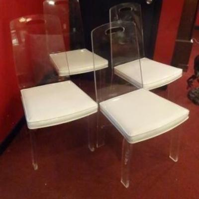 LOT 96G: 4 HILLS MANUFACTURING LUCITE CHAIRS, WHITE VINYL SEATS