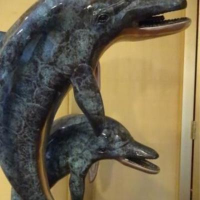 LOT 95A: HUGE PATINATED BRONZE DOLPHIN SCULPTURE, 2 DOLPHINS, ALSO A FOUNTAIN