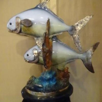 LOT 142: LARGE PATINATED BRONZE PERMIT FISH AND CORAL SCULPTURE