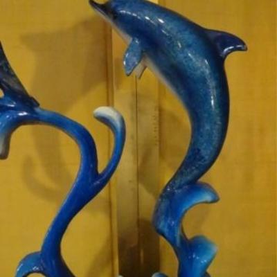 LOT 149: LARGE PATINATED BRONZE DOLPHIN SCULPTURE, 2 LEAPING DOLPHINS