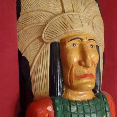 LOT 67B: LIFE SIZE CARVED WOOD NATIVE AMERICAN CHIEF SCULPTURE