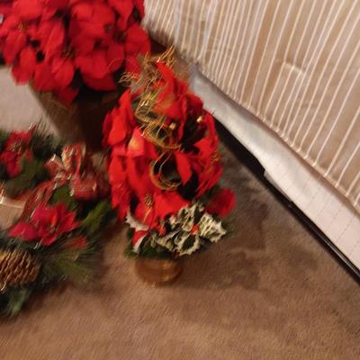 LARGE CHRISTMAS WREATH, CENTERPIECE IN BRASS CONTAINER AND LARGE FAUX POINSETTIA IN POT