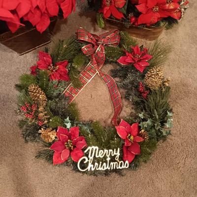 LARGE CHRISTMAS WREATH, CENTERPIECE IN BRASS CONTAINER AND LARGE FAUX POINSETTIA IN POT