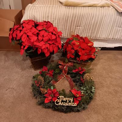 LARGE CHRISTMAS WREATH, CENTERPIECE IN BRASS CONTAINER AND LARGE FAUX POINSETTIA IN POT