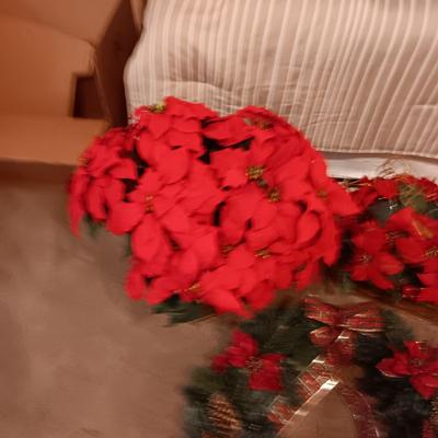 LARGE CHRISTMAS WREATH, CENTERPIECE IN BRASS CONTAINER AND LARGE FAUX POINSETTIA IN POT