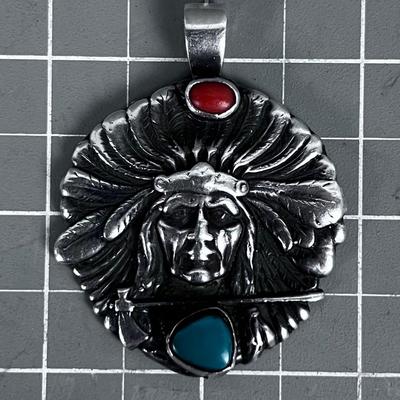 Silver Turquoise & Coral Pendant 