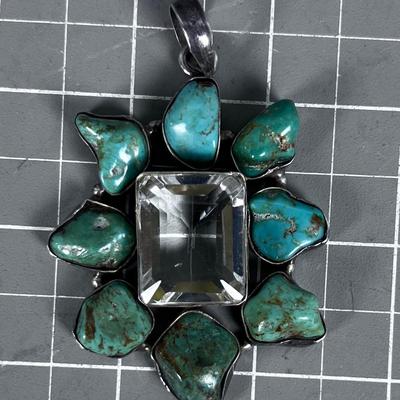 Large Pendant, With Cut Glass, Turquoise and Silver 
