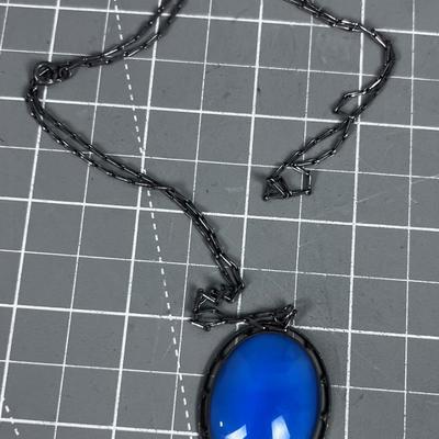 Blue Cabochon on a Sterling Pendant on Chain