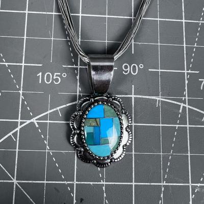NEAT! 925 Liquid Silver and Turquoise Inlay Pendant