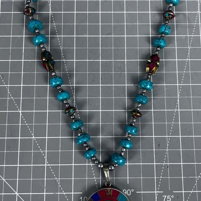 Turquoise Enamel Inlay Necklace INTERESTING! Tibetan Om 
