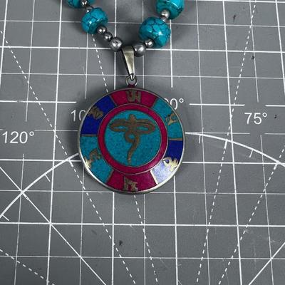 Turquoise Enamel Inlay Necklace INTERESTING! Tibetan Om 