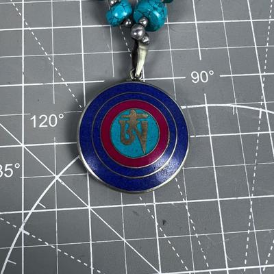 Turquoise Enamel Inlay Necklace INTERESTING! Tibetan Om 