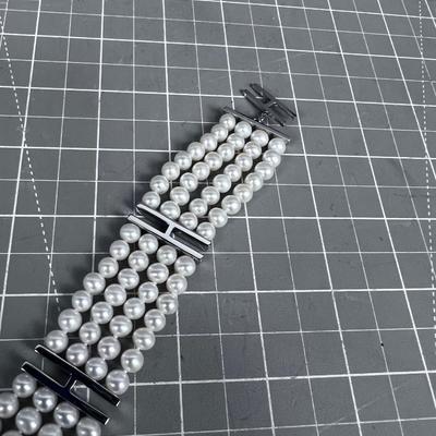 925 Silver and White Pearl 4 Strand Bracelet 