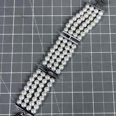 925 Silver and White Pearl 4 Strand Bracelet 