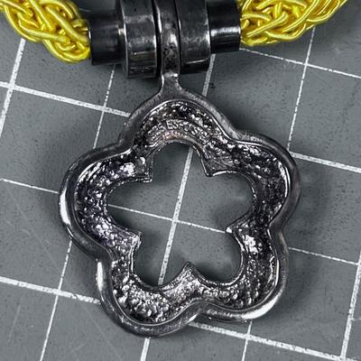 Silver 925 Yellow Silk Necklace with a Single Silver Flower