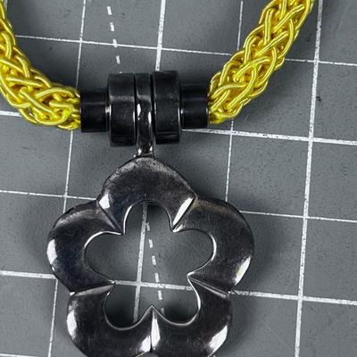Silver 925 Yellow Silk Necklace with a Single Silver Flower