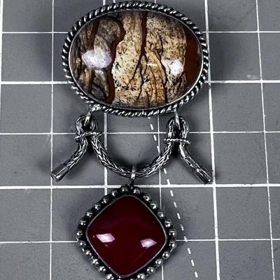 Pendant Pin with 2 Stones, Red Jasper and Sand Agate NICE! 