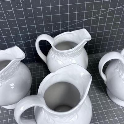 4 Small White Ceramic Pitchers, NEW 