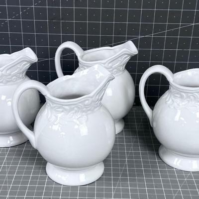 4 Small White Ceramic Pitchers, NEW 