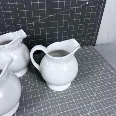 4 Small White Ceramic Pitchers, NEW 