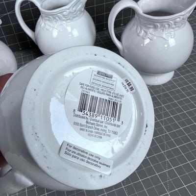 4 Small White Ceramic Pitchers, NEW 