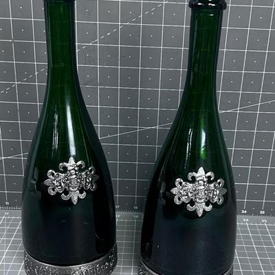 2 Wine Bottles with a Pewter Base