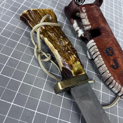 Antler Handled Hunting Knife with Sheath