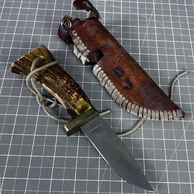Antler Handled Hunting Knife with Sheath