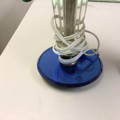 Pair Crystal with Blue Glass Base Bedside Lamps with White Lamp Shades