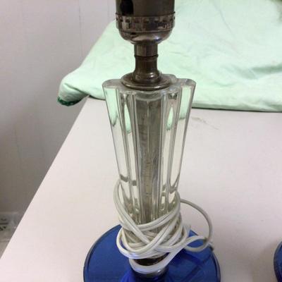 Pair Crystal with Blue Glass Base Bedside Lamps with White Lamp Shades