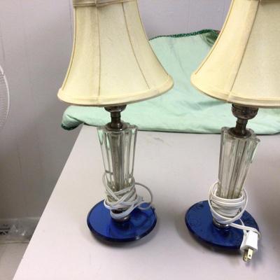Pair Crystal with Blue Glass Base Bedside Lamps with White Lamp Shades