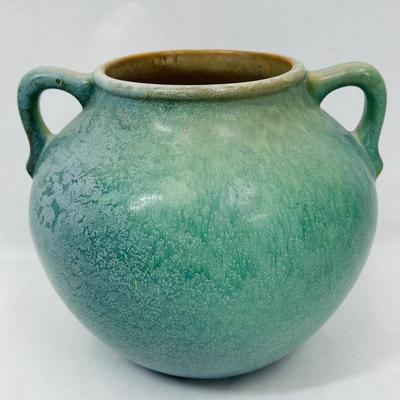 Unmarked Green Roseville Ceramic Vase Handled Urn