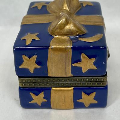 Ceramic Trinket Box Figural Wrapped Present Blue & Gold